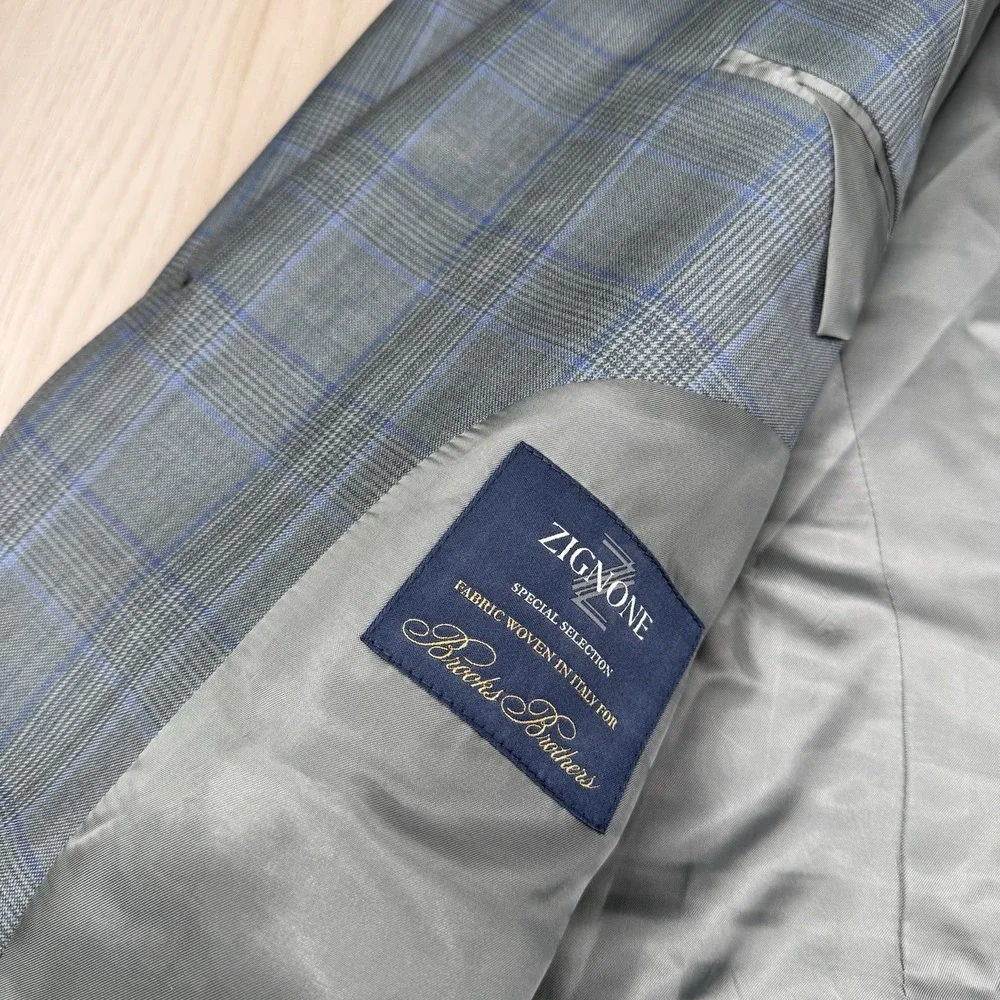 Brooks Brothers Sport Coat Gray Blue Plaid Italian Wool Zignone Blazer Men's 42R
